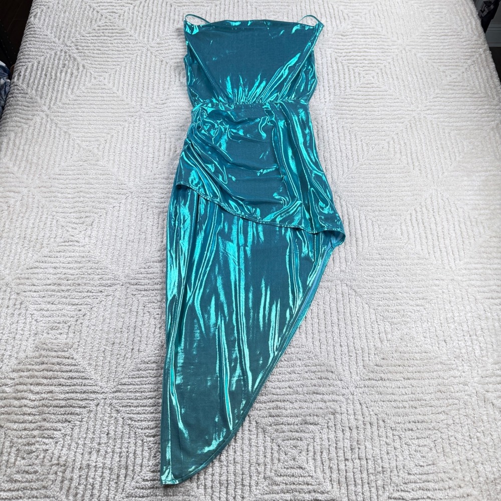 Superdown Metallic Asymmetrical Dress Women's S Teal Party Mermaid Clubwear Y2K